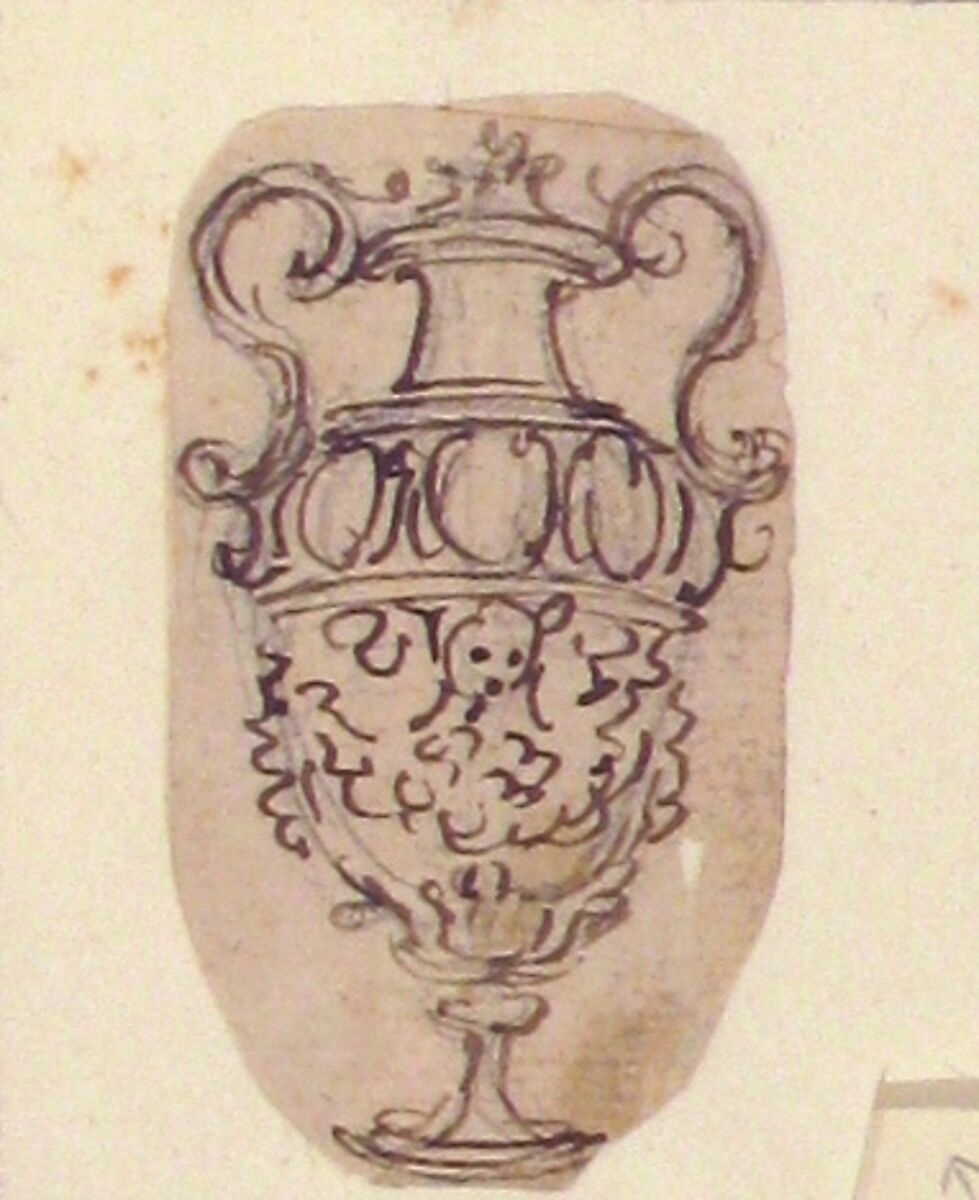 Outline of Design for a Vase with Two Handles, Giovanni Battista Foggini (Italian, Florence 1652–1725 Florence), Pen and brown ink, over black chalk; glued onto secondary paper support, framed in black chalk or graphite
