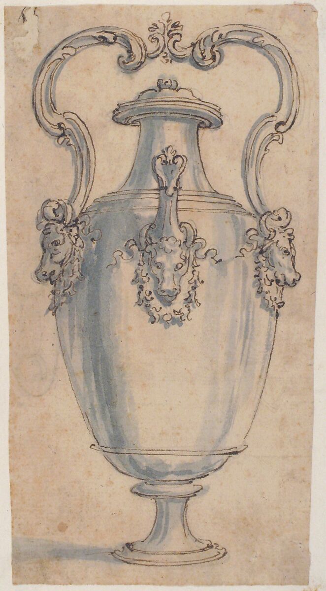 Design for a Ewer with Bull Heads under the Handles and Spout, Giovanni Battista Foggini (Italian, Florence 1652–1725 Florence), Pen and brown ink, brush and gray wash, over black chalk; glued onto secondary paper support