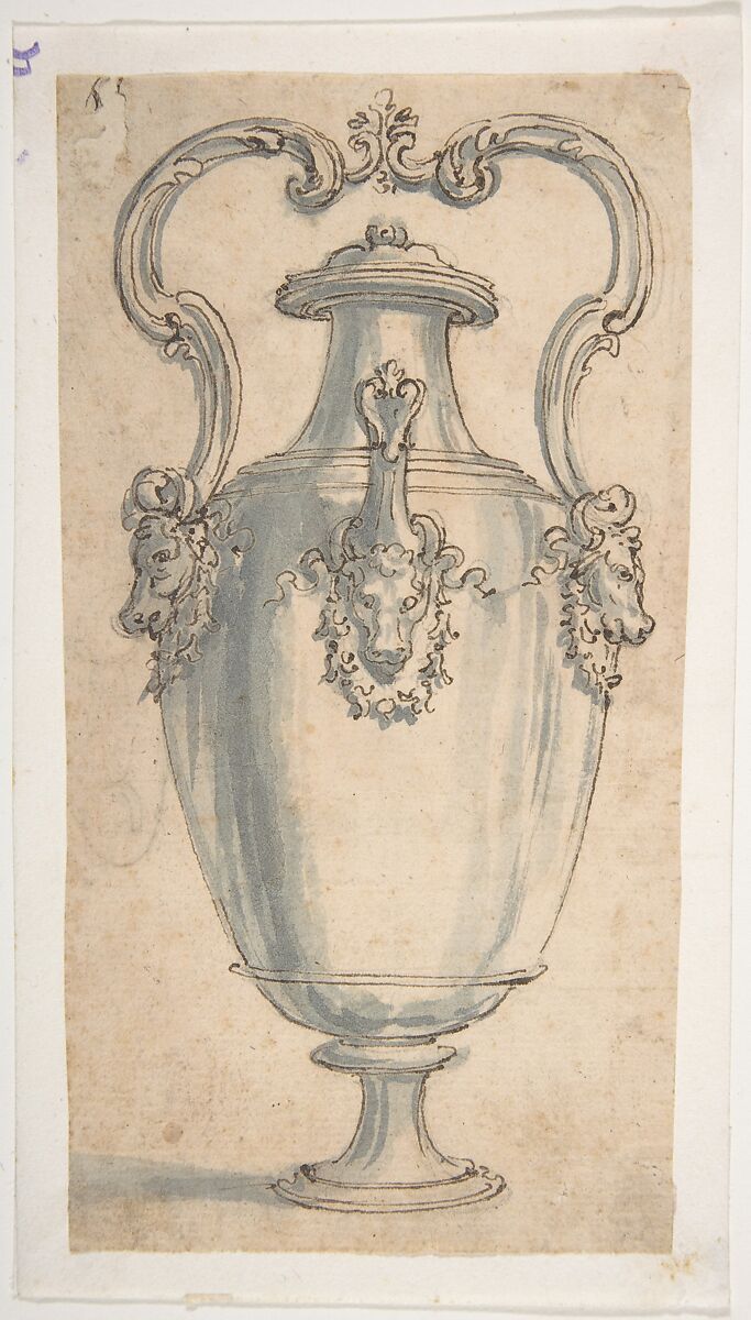 Design for a Ewer with Bull's Heads under the Handels and Spout, Giovanni Battista Foggini (Italian, Florence 1652–1725 Florence), Pen and brown ink, brush and gray wash, over traces of black chalk; glued onto secondary paper support 