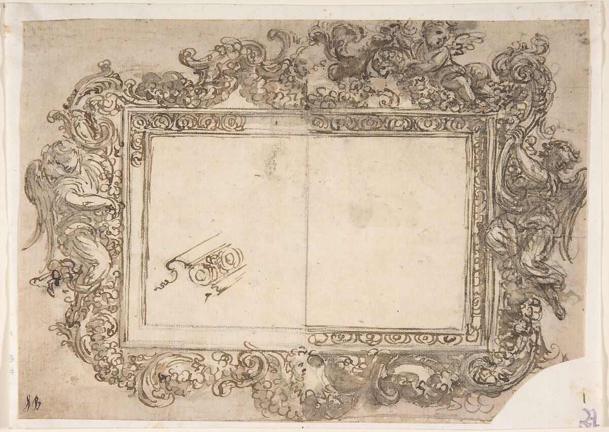 Design for a Carved or Openworked Frame with a Variant, Giovanni Battista Foggini (Italian, Florence 1652–1725 Florence), Pen and brown ink, brush and brown wash, over traces of black chalk, vertical line in graphite through the center (recto); Pen and brown ink, over traces of black chalk (verso) 