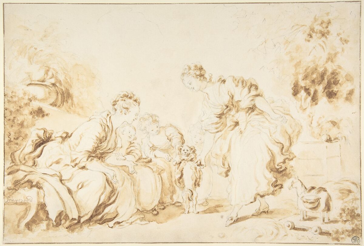 The Education of a Dog, After Jean Honoré Fragonard (French, Grasse 1732–1806 Paris), Black chalk, brush and brown wash 