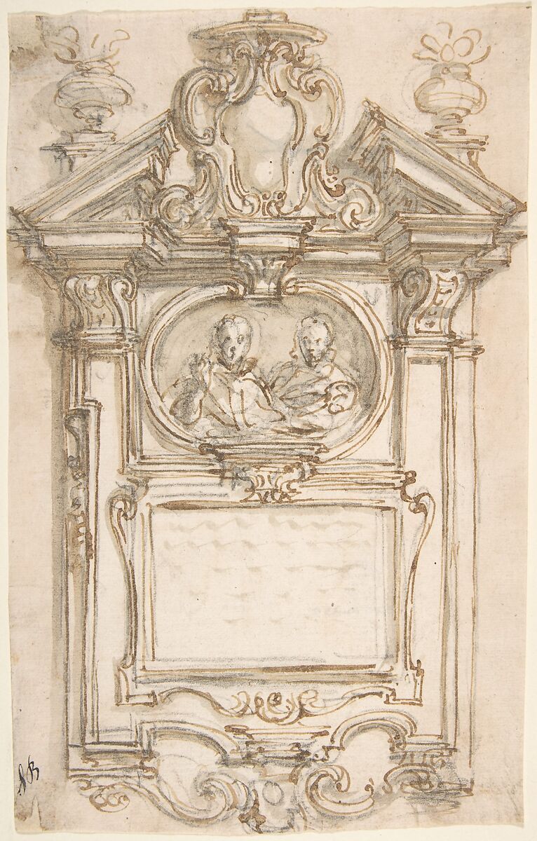 Design for an Epitaph, Giovanni Battista Foggini (Italian, Florence 1652–1725 Florence), Pen and light brown ink, brush and brown-gray wash, over traces of black chalk 