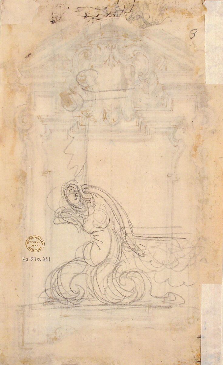 Design for a Frame or Epitaph (recto); Caryatid Supporting a Frame (verso), Attributed to Giovanni Battista Foggini (Italian, Florence 1652–1725 Florence), Pen and light brown ink, brush and brown wash over black chalk (recto); black chalk (verso)