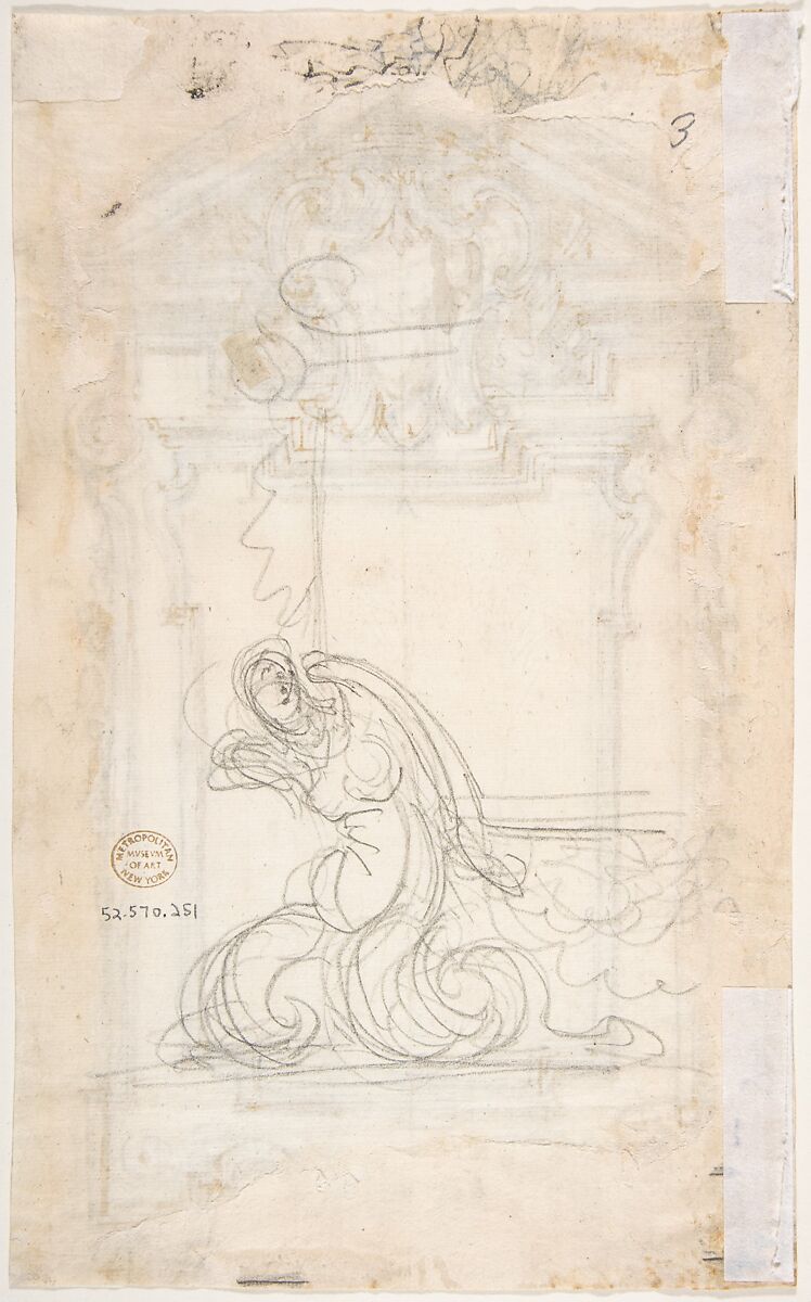Design for a Frame or Epitaph (recto); Caryatid Supporting a Frame (verso), Attributed to Giovanni Battista Foggini (Italian, Florence 1652–1725 Florence), Pen and light brown ink, brush and brown wash over black chalk (recto); black chalk (verso)