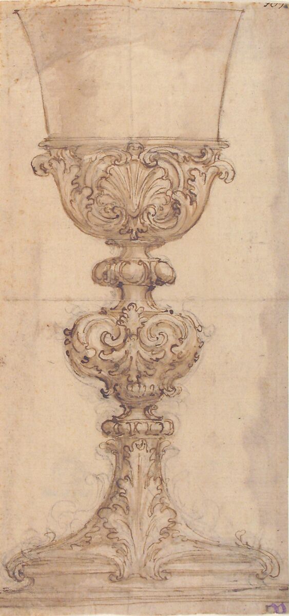 Design for a Chalice with Acanthus and Shell Decoration, Giovanni Battista Foggini (Italian, Florence 1652–1725 Florence), Pen and brown ink, brush and brown wash, over black chalk