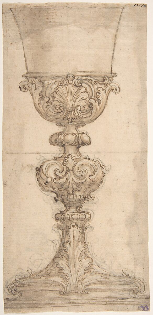 Design for a Chalice with Acanthus and Shell Decoration, Giovanni Battista Foggini (Italian, Florence 1652–1725 Florence), Pen and brown ink, brush and brown wash, over traces of black chalk 