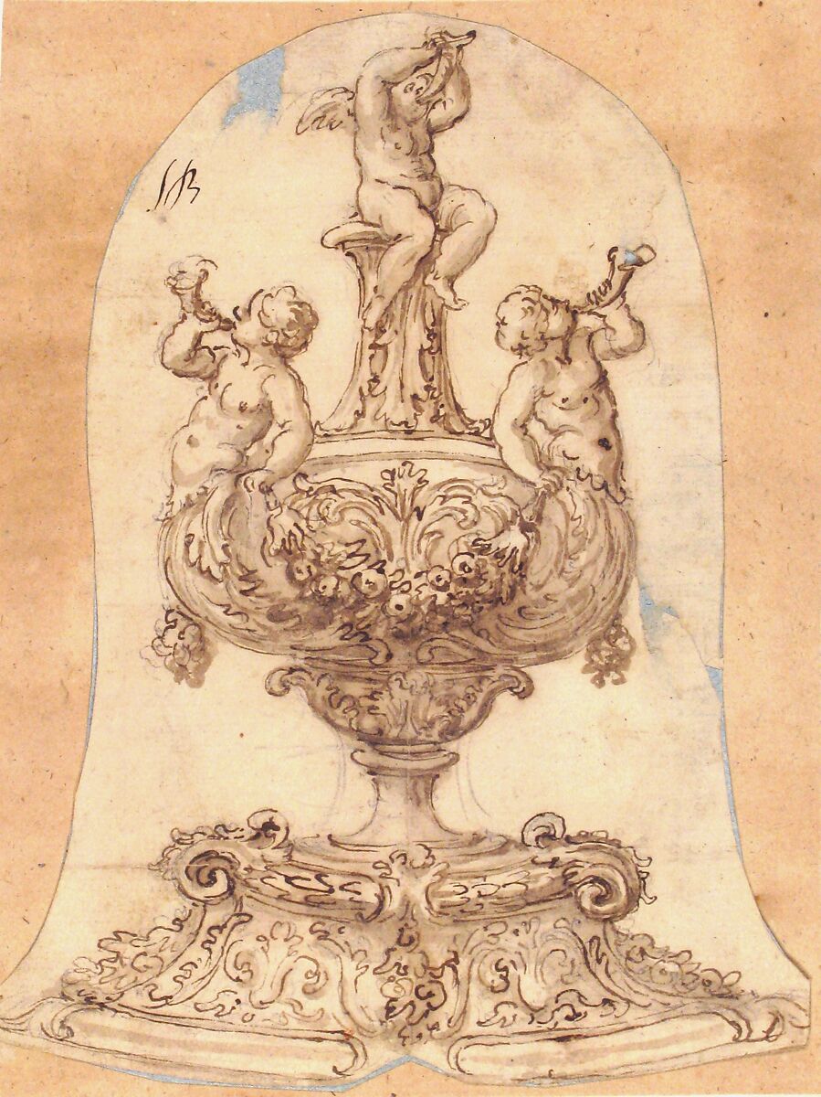 Design for a Vessel with Two Tritons Blowing Horns and a Winged Putto on Top, Attributed to Giovanni Battista Foggini (Italian, Florence 1652–1725 Florence), Pen and brown ink, brush and brown wash over graphite