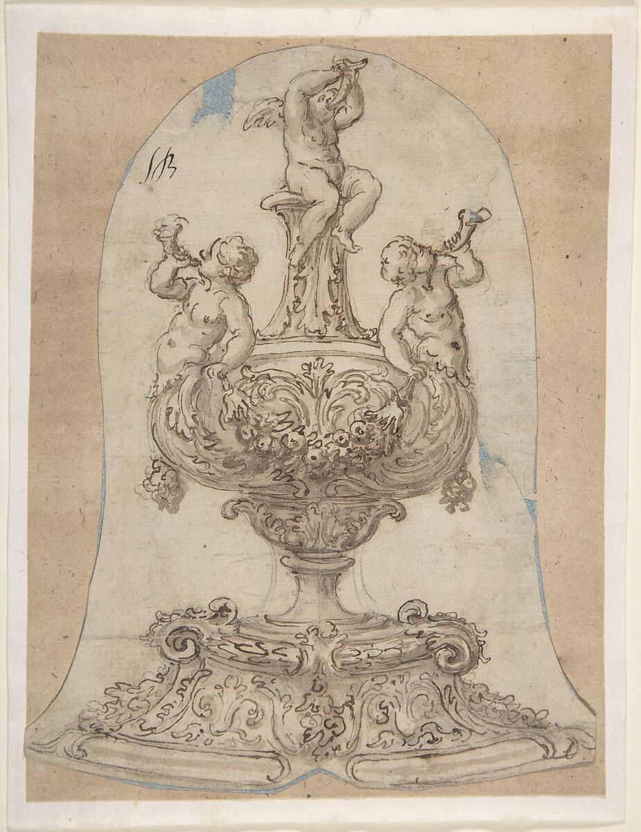 Design for a Vessel with Two Tritons Blowing Horns and a Winged Putto on Top, Attributed to Giovanni Battista Foggini (Italian, Florence 1652–1725 Florence), Pen and brown ink, brush and brown wash over traces of graphite 
