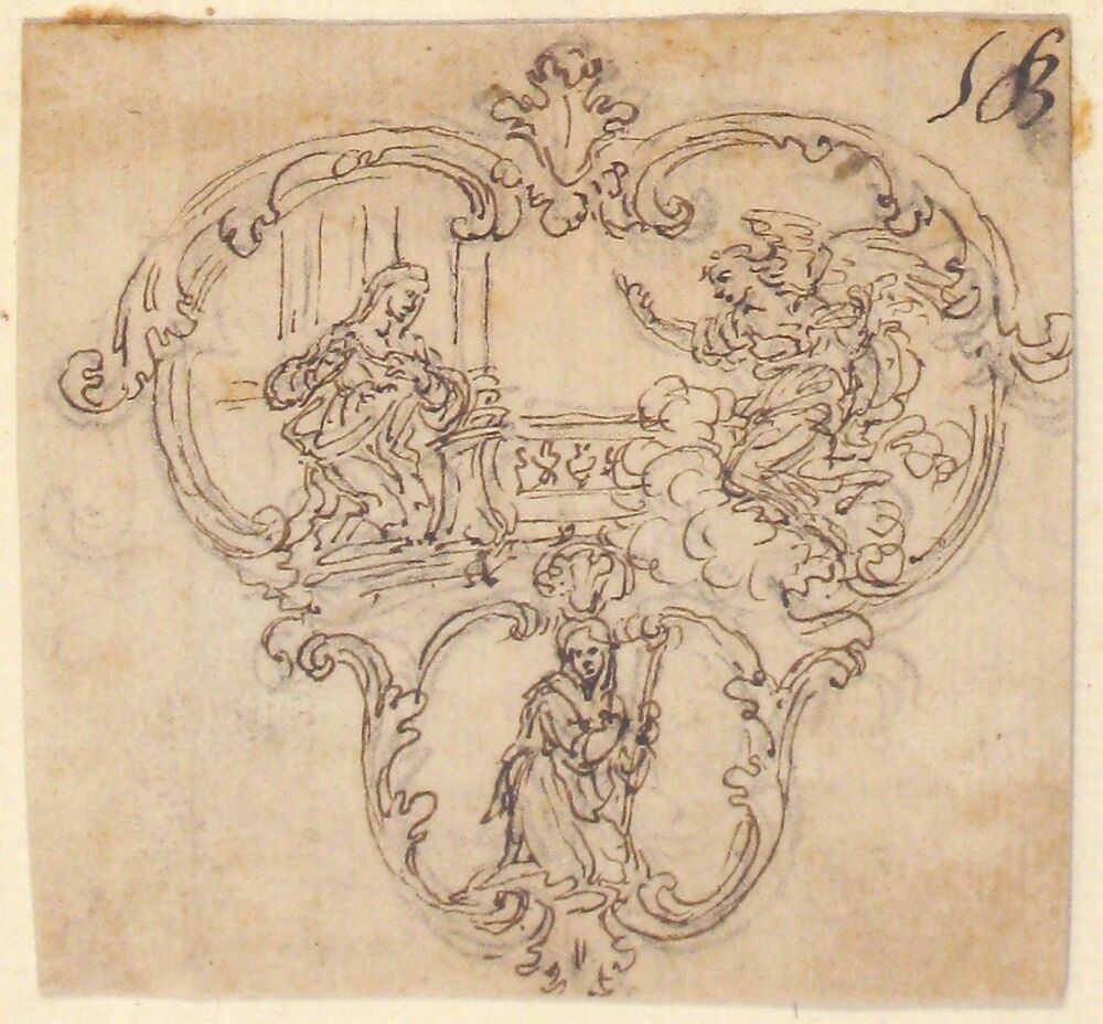 Design for a Cartouche with an Annunication above and a Kneeling Figure with Staff Below, Giovanni Battista Foggini (Italian, Florence 1652–1725 Florence), Pen and brown ink, over black chalk