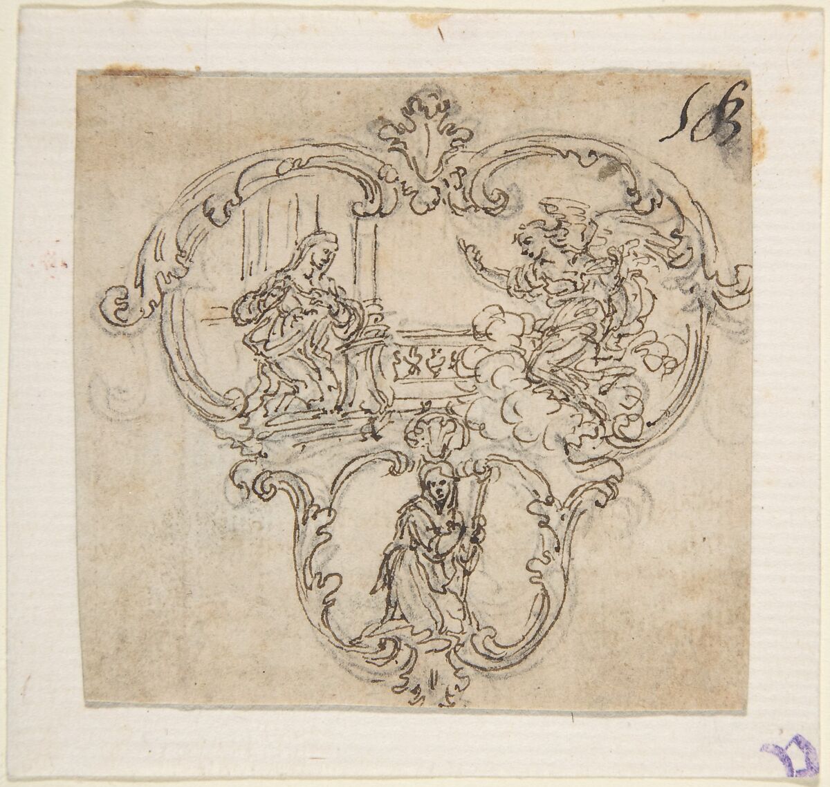 Design for a Cartouche with an Annunication above and a Kneeling Figure with Staff Below., Giovanni Battista Foggini (Italian, Florence 1652–1725 Florence), Pen and brown ink, over traces of black chalk 
