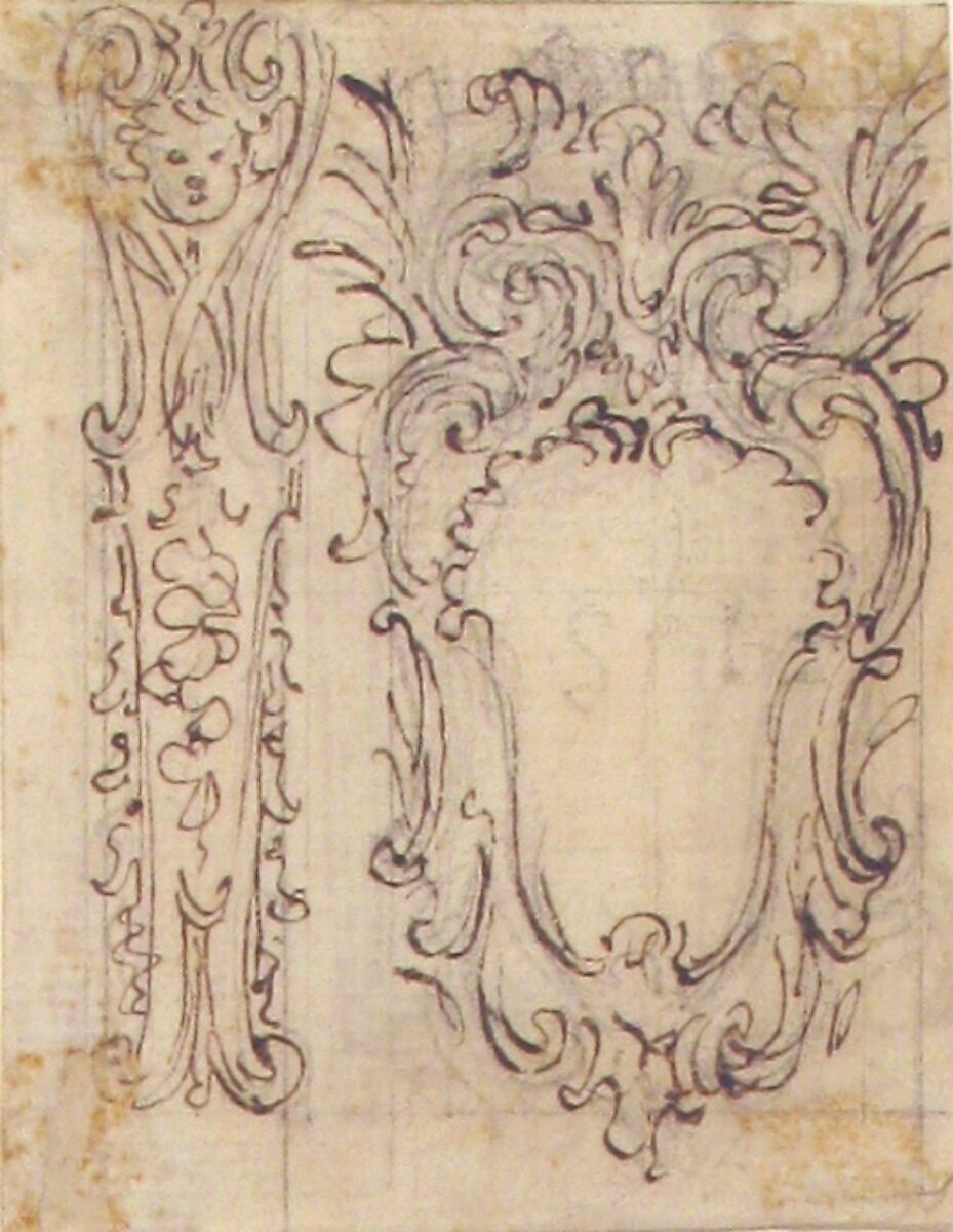 Designs for a Pilaster Ornament and Cartouche (recto); Design for a Window or a Wall Plaque (verso), Giovanni Battista Foggini (Italian, Florence 1652–1725 Florence), Pen and brown ink, over black chalk (recto); pen and brown ink over black chalk (verso)