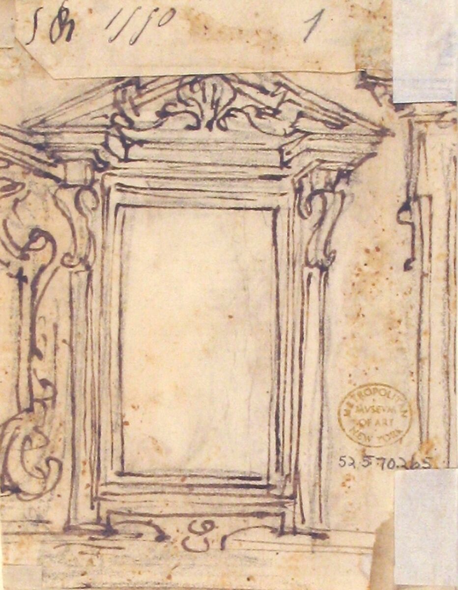 Designs for a Pilaster Ornament and Cartouche (recto); Design for a Window or a Wall Plaque (verso), Giovanni Battista Foggini (Italian, Florence 1652–1725 Florence), Pen and brown ink, over black chalk (recto); pen and brown ink over black chalk (verso)