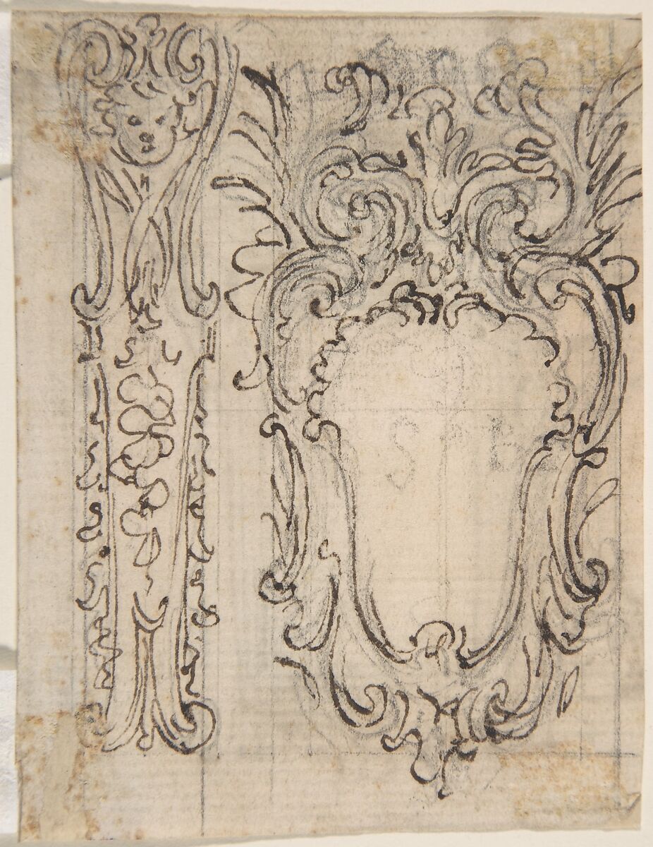 Designs for a Pilaster Ornament and Cartouche (recto); Design for a Window or a Wall Plaque (verso)., Giovanni Battista Foggini (Italian, Florence 1652–1725 Florence), Pen and brown ink, over traces of black chalk; verso: pen and brown ink over traces of black chalk 
