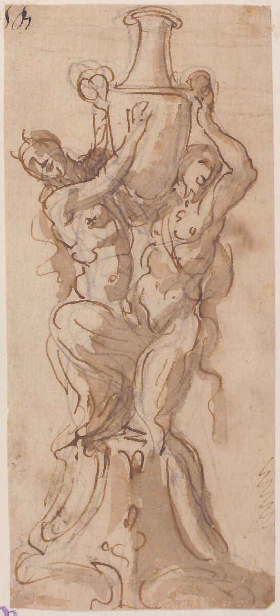 Design for a Statue consisting of a Satyr and Satyress Lifting a Vase, Attributed to Giovanni Battista Foggini (Italian, Florence 1652–1725 Florence), Pen and brown ink, brush and brown wash, over black chalk