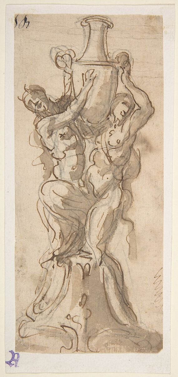 Design for a Statue consisting of a Satyr and Satyress Lifting a Vase, Attributed to Giovanni Battista Foggini (Italian, Florence 1652–1725 Florence), Pen and brown ink, brush and brown wash, over traces of black chalk 