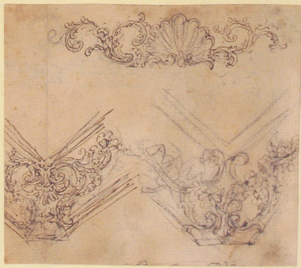 Designs for the Decoration of a Frieze and Corner Motifs (recto); Design for Two Frames Decorated with Volutes, Garlands and the Head of a Putto (verso), Giovanni Battista Foggini (Italian, Florence 1652–1725 Florence), Pen and brown ink, over black chalk (recto); pen and brown ink (verso)