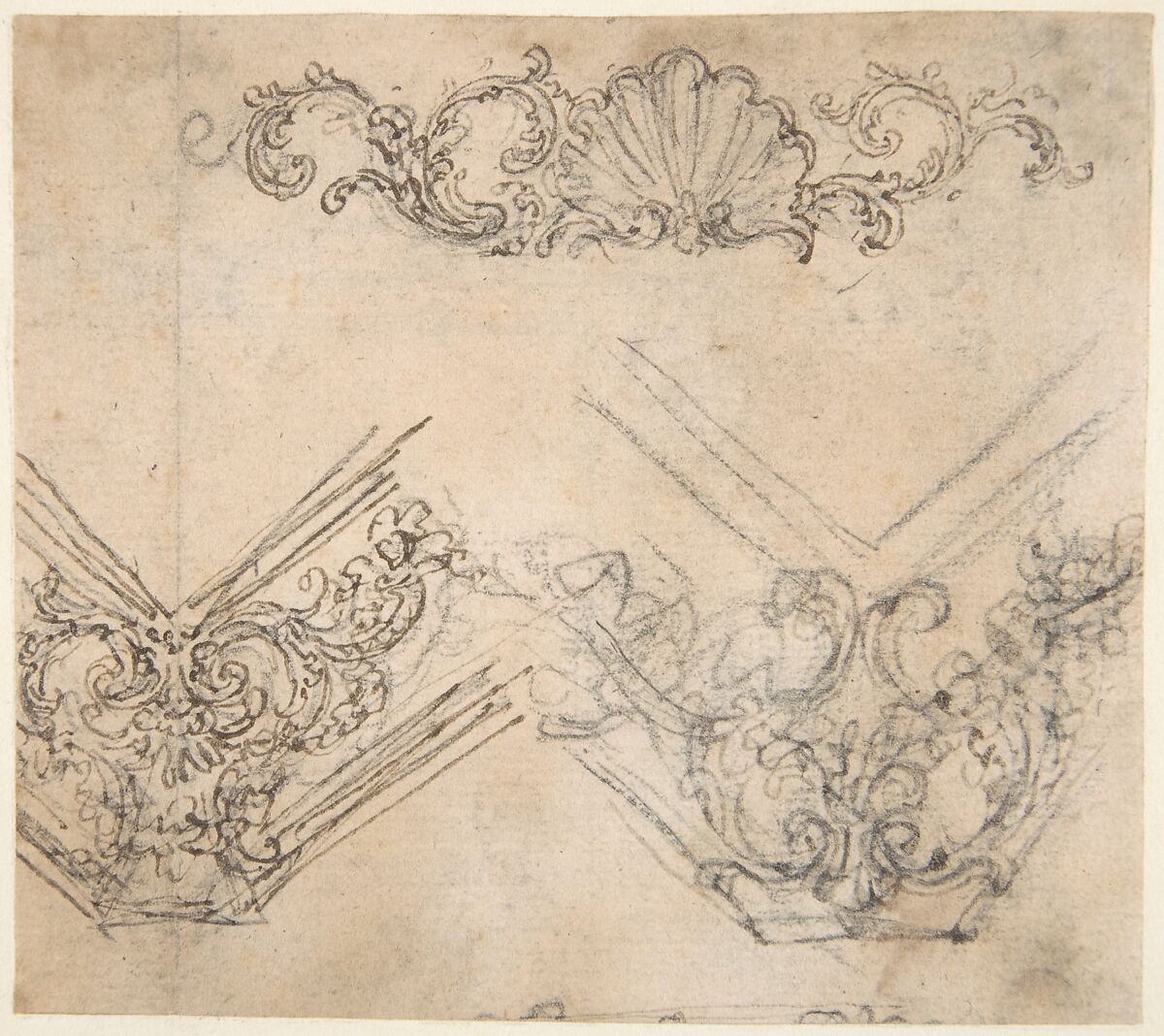 Designs for the Decoration of a Frieze and Corner Motifs (recto); Design for Two Frames Decorated with Volutes, Garlands and the Head of a Putto (verso), Giovanni Battista Foggini (Italian, Florence 1652–1725 Florence), Pen and brown ink, over traces of black chalk. Verso: pen and brown ink 