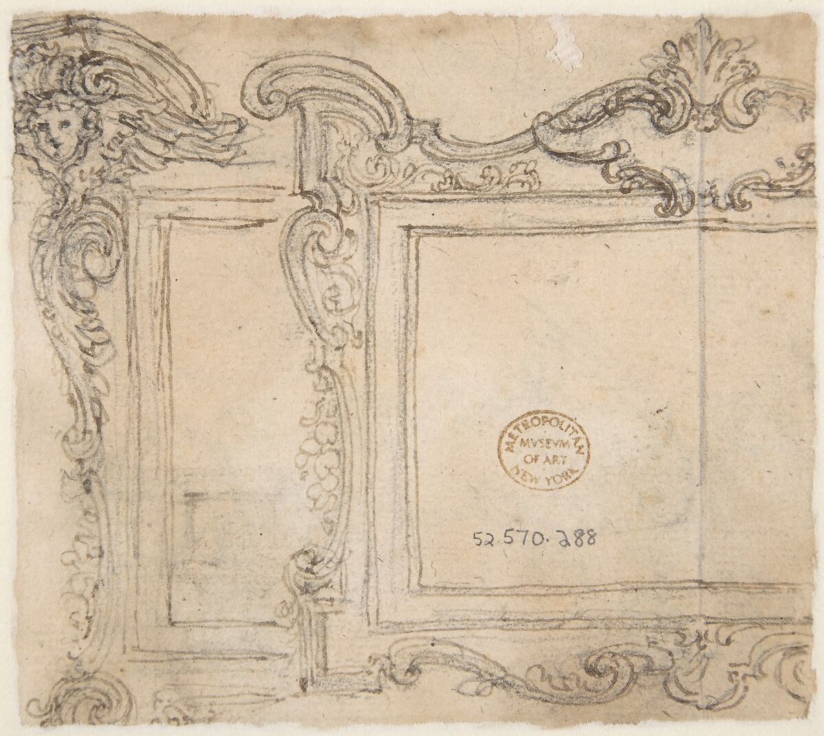 Designs for the Decoration of a Frieze and Corner Motifs (recto); Design for Two Frames Decorated with Volutes, Garlands and the Head of a Putto (verso), Giovanni Battista Foggini (Italian, Florence 1652–1725 Florence), Pen and brown ink, over black chalk (recto); pen and brown ink (verso)