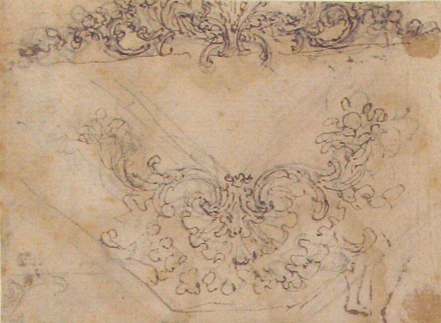 Designs for a Palmette Motif with Tendrils (recto); Studies for a Male Figure and Decorative Sculpture (verso), Giovanni Battista Foggini (Italian, Florence 1652–1725 Florence), Pen and brown ink, over graphite (recto); pen and brown ink, brush and gray wash, over graphite (verso)