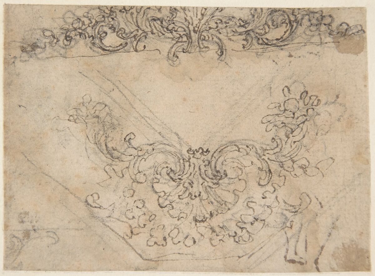 Designs for a Palmette Motif with Tendrils (recto); studies for a Male Figure and Decorative Sculpture (verso), Giovanni Battista Foggini (Italian, Florence 1652–1725 Florence), Pen and brown ink, over traces of graphite. Verso: Pen and brown ink, brush and gray wash, over traces of graphite 