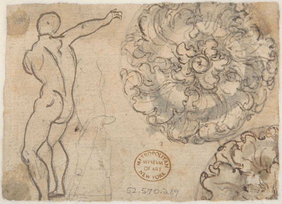 Designs for a Palmette Motif with Tendrils (recto); Studies for a Male Figure and Decorative Sculpture (verso), Giovanni Battista Foggini (Italian, Florence 1652–1725 Florence), Pen and brown ink, over graphite (recto); pen and brown ink, brush and gray wash, over graphite (verso)