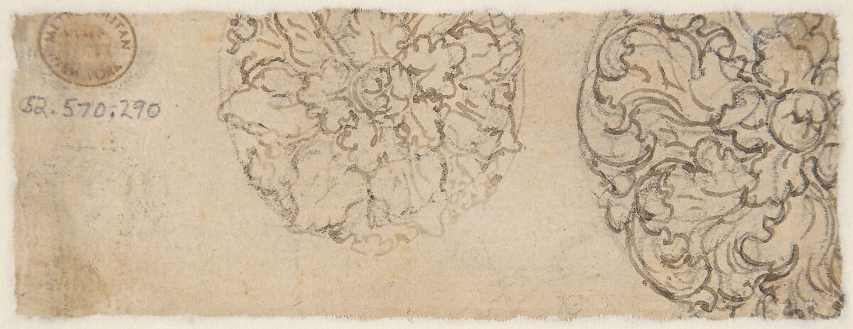 Design for a Frieze Decorated With a Palmette and Tendrils (recto); Two Designs for a Rosette (verso), Giovanni Battista Foggini (Italian, Florence 1652–1725 Florence), Pen and brown ink, over black chalk