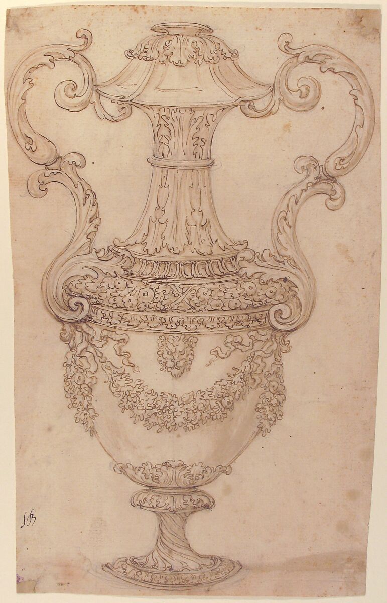 Design for a Vase with Handles, Decorated with a Festoon, Giovanni Battista Foggini (Italian, Florence 1652–1725 Florence), Pen and brown ink, brush and brown wash, over graphite