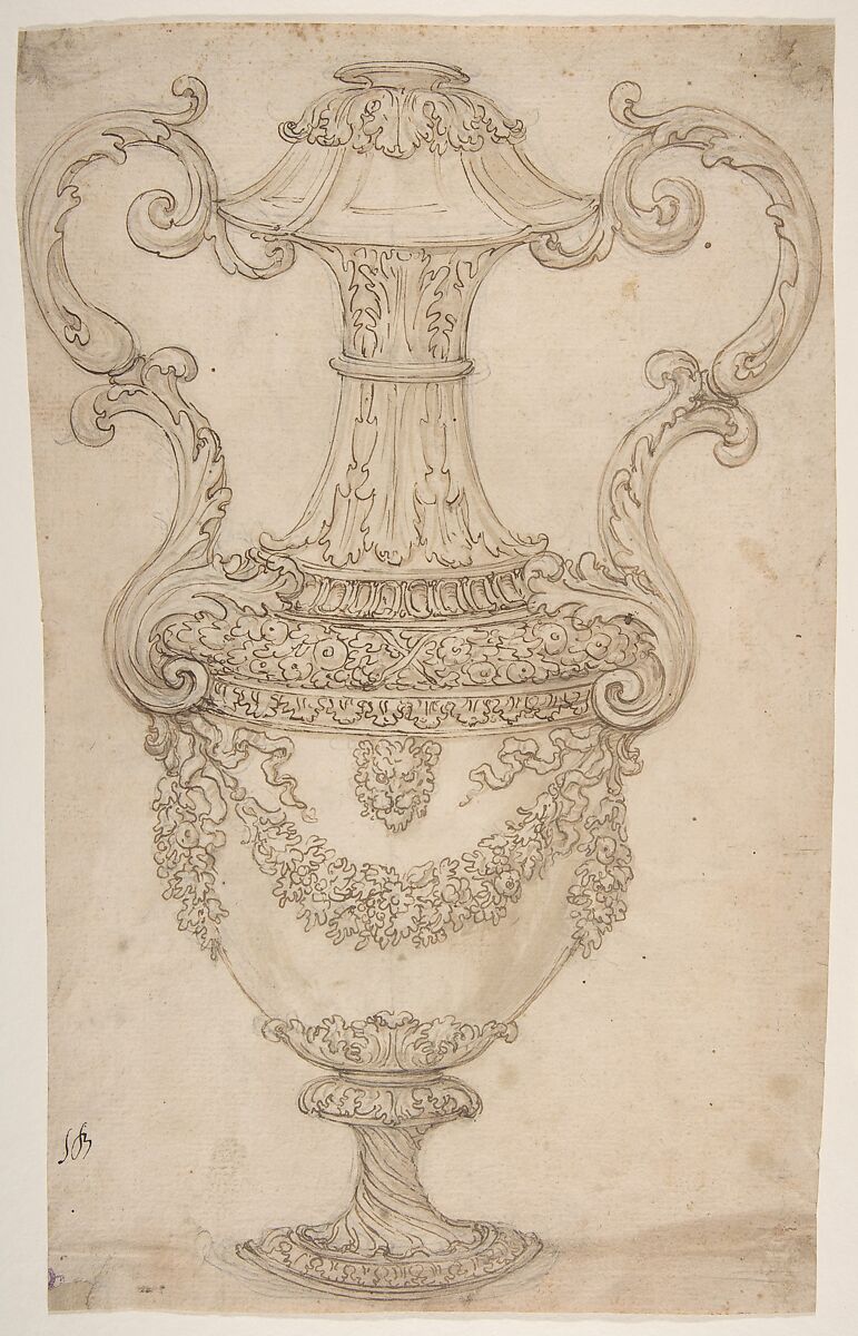 Design for a Vase with Handles, Decorated with a Festoon, Giovanni Battista Foggini (Italian, Florence 1652–1725 Florence), Pen and brown ink, brush and brown wash, over traces of graphite 