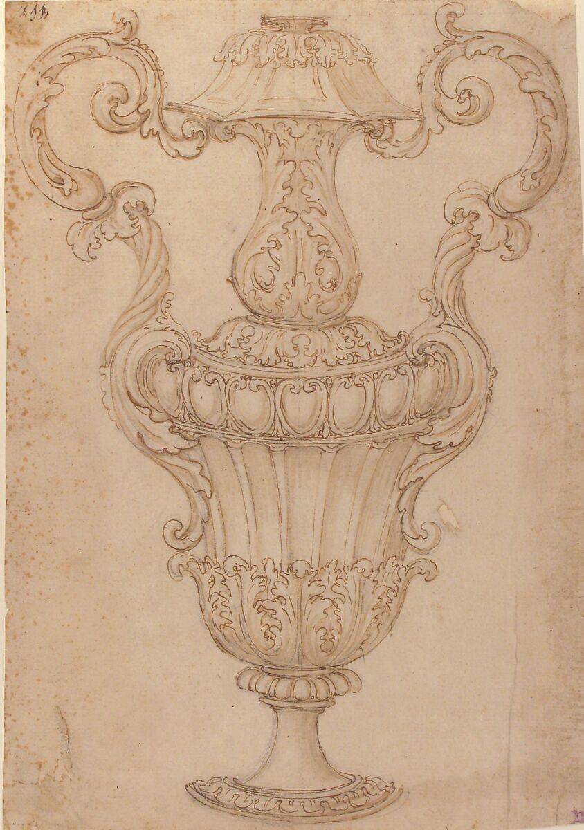 Design for a Two-Handled Urn with Acanthus, Shell, and Egg-and-Tongue Motif, Attributed to Giovanni Battista Foggini (Italian, Florence 1652–1725 Florence), Pen and brown ink, brush and light brown wash, over black chalk or graphite