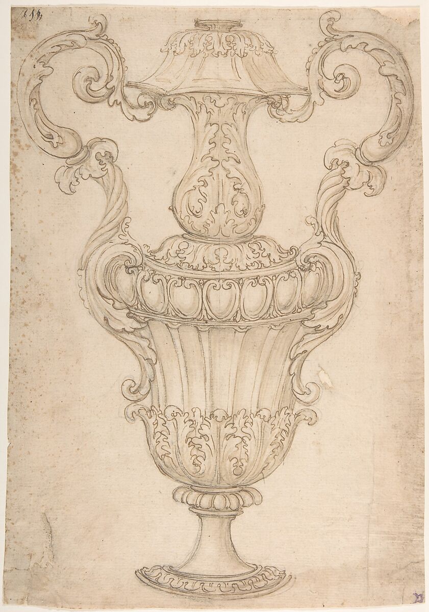Design for a Two-Handled Urn with Acanthus, Shell, and Egg-and-Tongue Motif., Attributed to Giovanni Battista Foggini (Italian, Florence 1652–1725 Florence), Pen and brown ink, brush and light brown wash, over traces of black chalk or graphite 