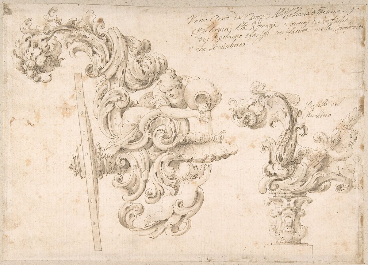 Design for the Rear of a Coach with a Girl Pouring Water into a Shell, Anonymous, Italian, 17th century, Pen and brown ink, brush 