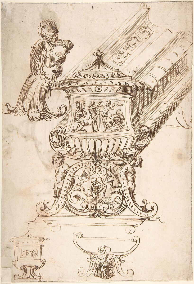 Design for a Liturgical Object with Statues of a Kneeling Saint and the Risen Christ (recto); Design for a Sepulcher (?) and Drawing of a Putto (verso), Anonymous, Italian, 18th or early 19th century, Pen and brown ink with brown wash