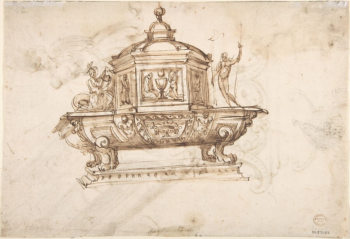 Design for a Liturgical Object with Statues of a Kneeling Saint and the Risen Christ (recto); Design for a Sepulcher (?) and Drawing of a Putto (verso)., Anonymous, Italian, 18th or early 19th century, Pen and brown ink with brown wash 