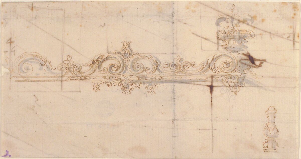 Design for the Crowning Decorations of a Gate (recto); Sketches of Stone Blocks with Measurements (verso), Attributed to Giovanni Battista Foggini (Italian, Florence 1652–1725 Florence), Pen and light brown ink, brush and gray wash, over graphite (recto); pen and brown ink (verso)