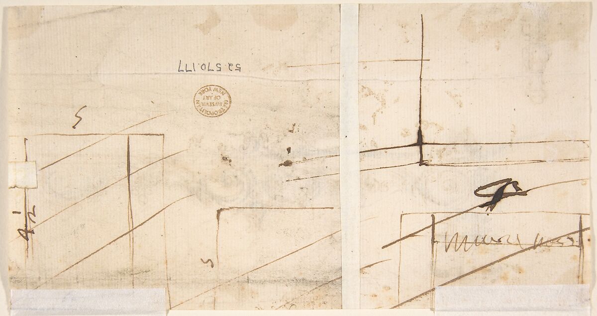 Design for the Crowning Decorations of a Gate (recto); Sketches of Stone Blocks with Measurements (verso), Attributed to Giovanni Battista Foggini (Italian, Florence 1652–1725 Florence), Pen and light brown ink, brush and gray wash, over graphite (recto); pen and brown ink (verso)