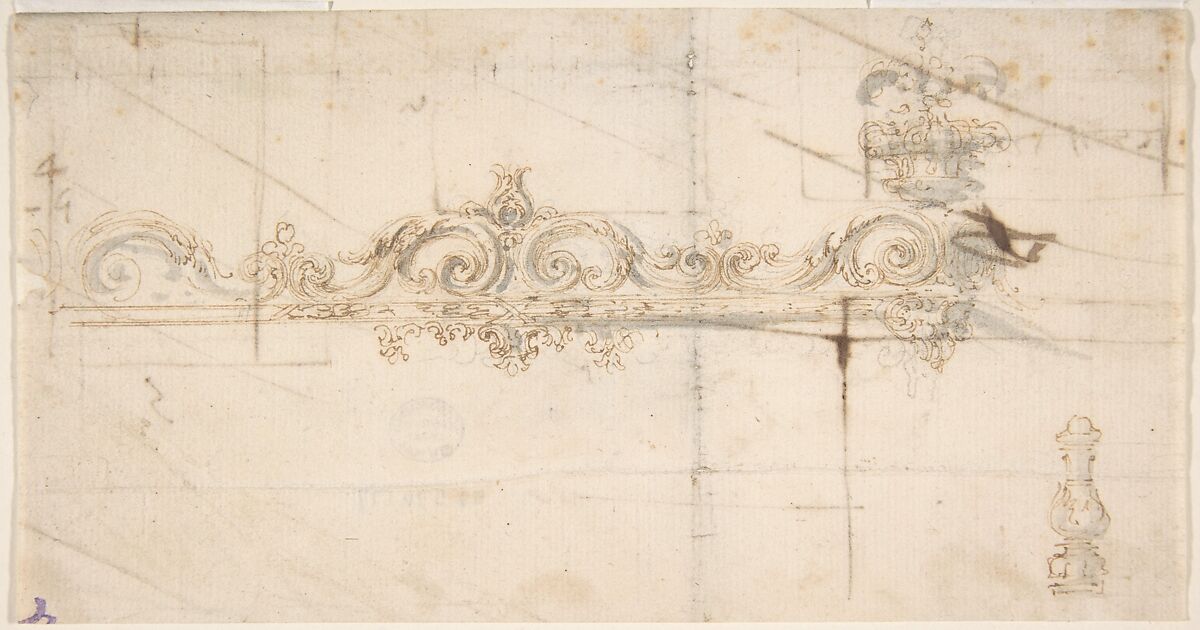 Design for the Crowning Decorations of a Gate (recto); Sketches of Stone Blocks with Measurements (verso), Attributed to Giovanni Battista Foggini (Italian, Florence 1652–1725 Florence), Pen and light brown ink, brush and gray wash, over traces of graphite (Recto). Pen and brown ink (Verso) 