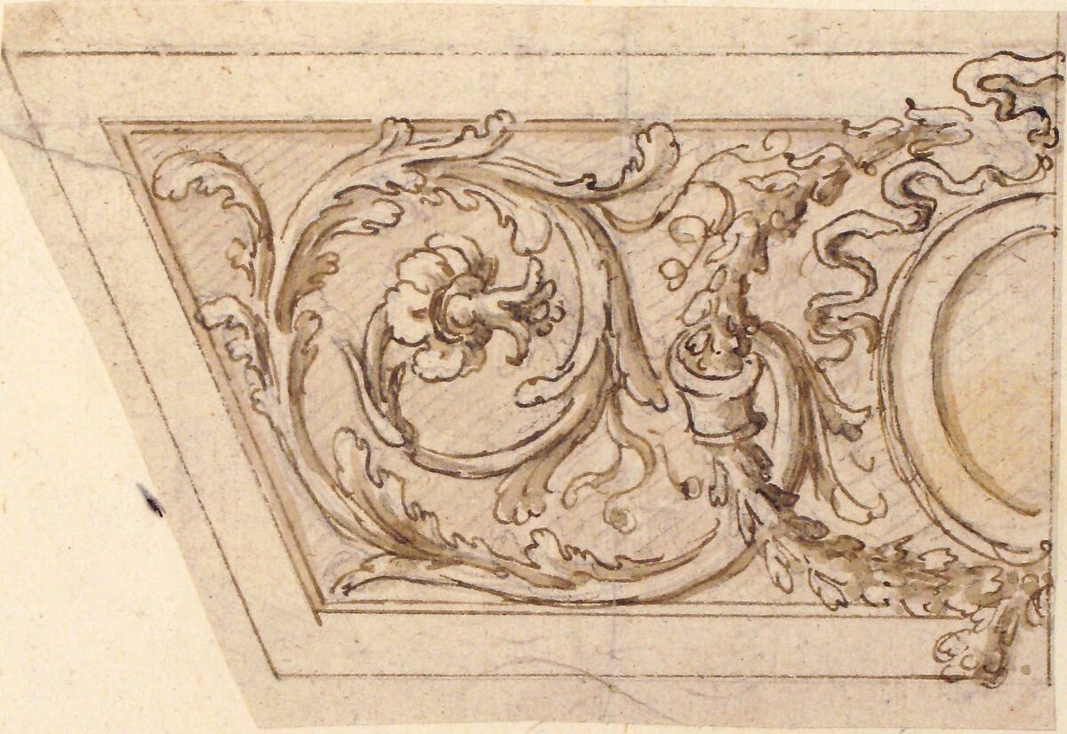 Left Side of a Panel Decorated with Acanthus Scrolls and an Oval Medallion, Giovanni Battista Foggini (Italian, Florence 1652–1725 Florence), Pen and brown ink, brush and brown wash, over black chalk