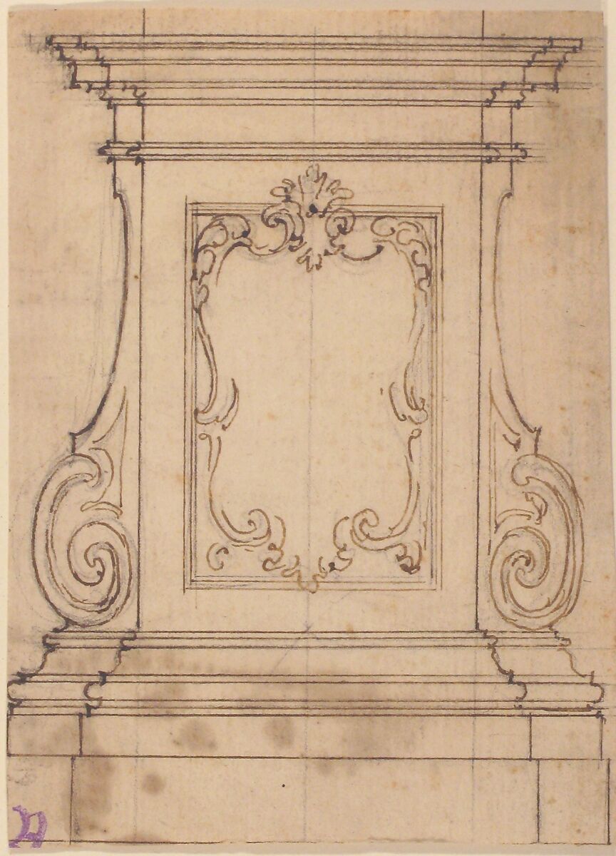 Design for a Pedestal (recto); Design for the Plan of a Monument (verso), Giovanni Battista Foggini (Italian, Florence 1652–1725 Florence), Pen and brown ink over black chalk; vertical ruling lines (recto); black chalk (verso)