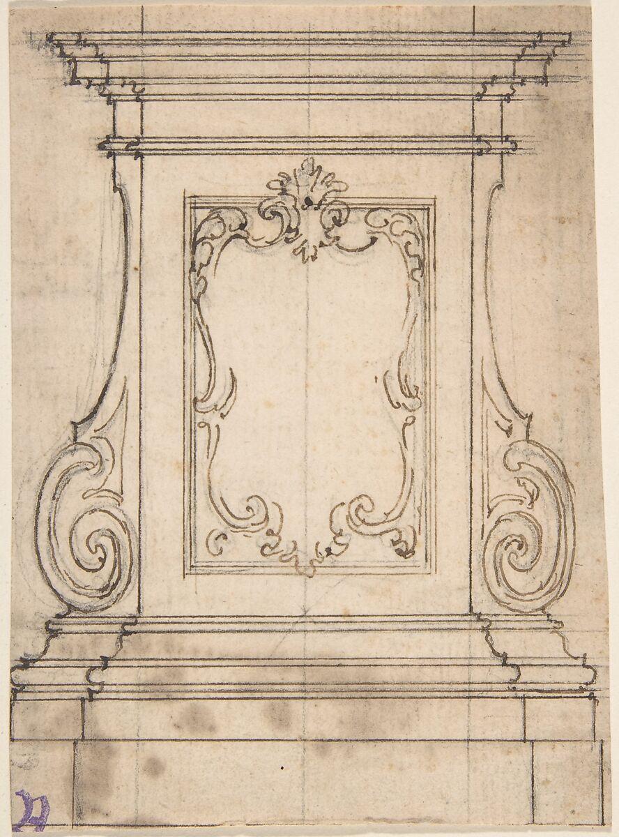 Design for a Pedestal (recto); Design for the Plan of a Monument (verso), Giovanni Battista Foggini (Italian, Florence 1652–1725 Florence), Pen and brown ink over traces of black chalk. Vertical ruling lines (recto). Black chalk (verso) 
