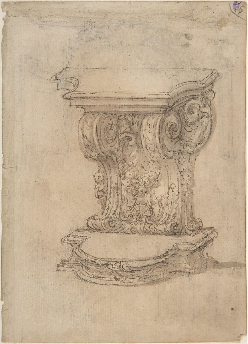 Design for a Lectern (recto); Design for a Cartouche (verso)
., Attributed to Giovanni Battista Foggini (Italian, Florence 1652–1725 Florence), Pen and brown ink, brush and brown wash, over traces of black chalk (recto); pen and brown ink and black chalk (verso) 