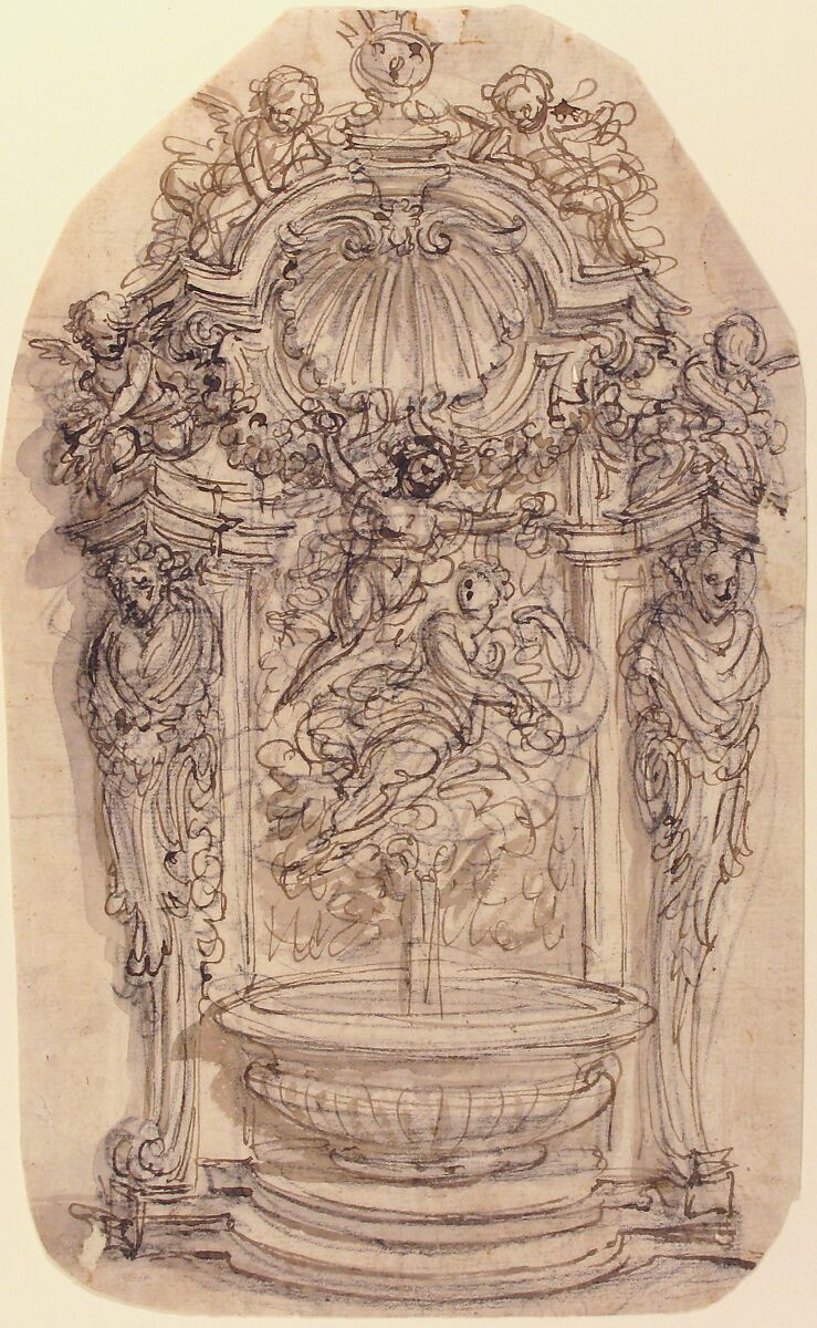 Design for a Fountain in a Niche flanked by Terms, Giovanni Battista Foggini (Italian, Florence 1652–1725 Florence), Pen and brown ink, brush and gray wash, over black chalk
