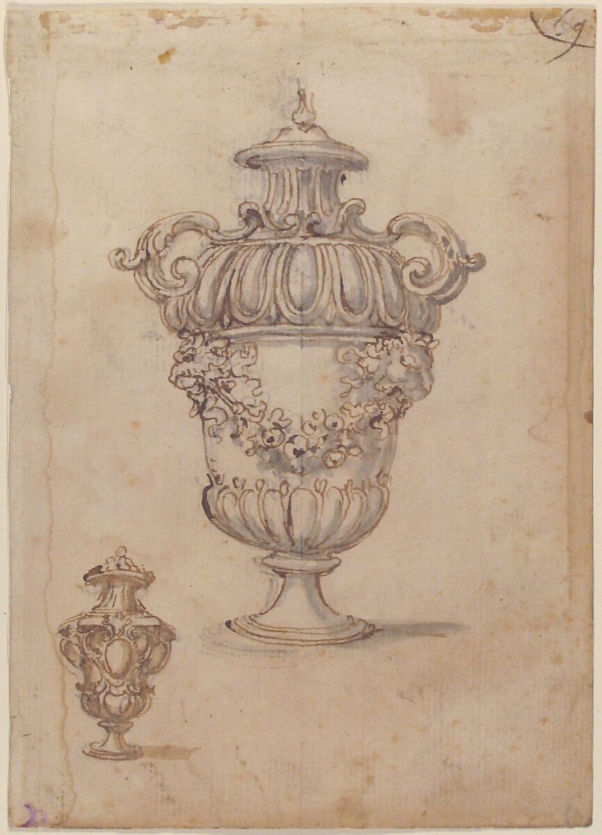 Two Designs for Vases (recto); Design for Candle Stick (?) (verso), Giovanni Battista Foggini (Italian, Florence 1652–1725 Florence), Pen and brown ink, brush and brown and gray wash, over black chalk; traces of a vertical black chalk line through the center of the design (recto); graphite (verso)