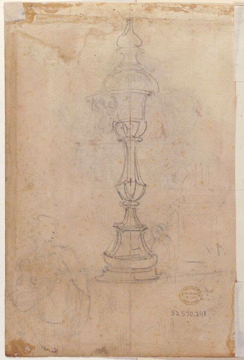 Two Designs for Vases (recto); Design for Candle Stick (?) (verso), Giovanni Battista Foggini (Italian, Florence 1652–1725 Florence), Pen and brown ink, brush and brown and gray wash, over black chalk; traces of a vertical black chalk line through the center of the design (recto); graphite (verso)
