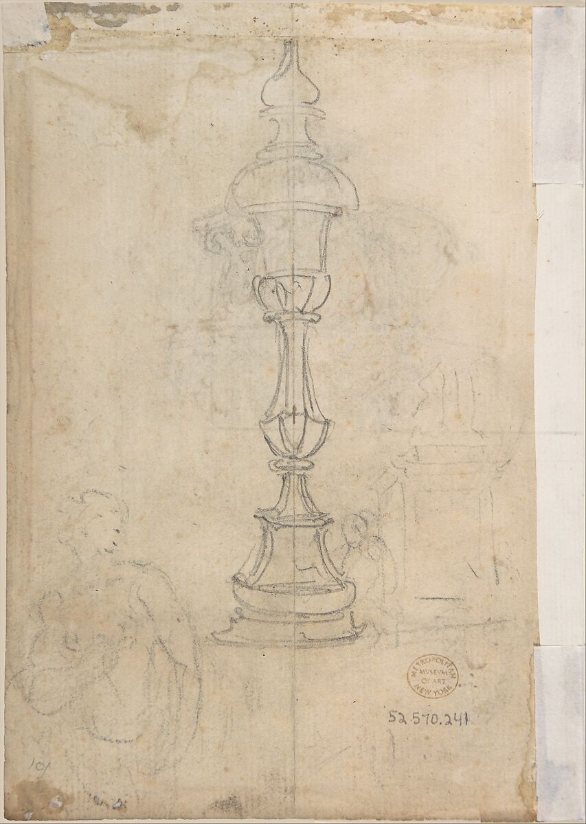 Two Designs for Vases (recto); Design for Candle Stick (?) (verso), Giovanni Battista Foggini (Italian, Florence 1652–1725 Florence), Pen and brown ink, brush and brown and gray wash, over black chalk; traces of a vertical black chalk line through the center of the design (recto); graphite (verso)
