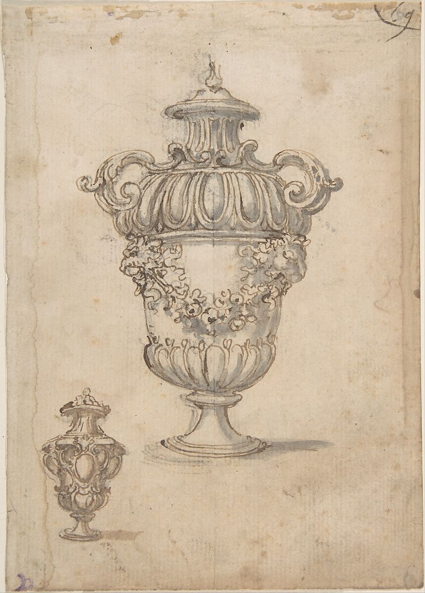 Two Designs for Vases (recto); Design for Candle Stick (?) (verso), Giovanni Battista Foggini (Italian, Florence 1652–1725 Florence), Pen and brown ink, brush and brown and gray wash, over traces of black chalk. Traces of a vertical black chalk line through the center of the design. Verso: graphite 