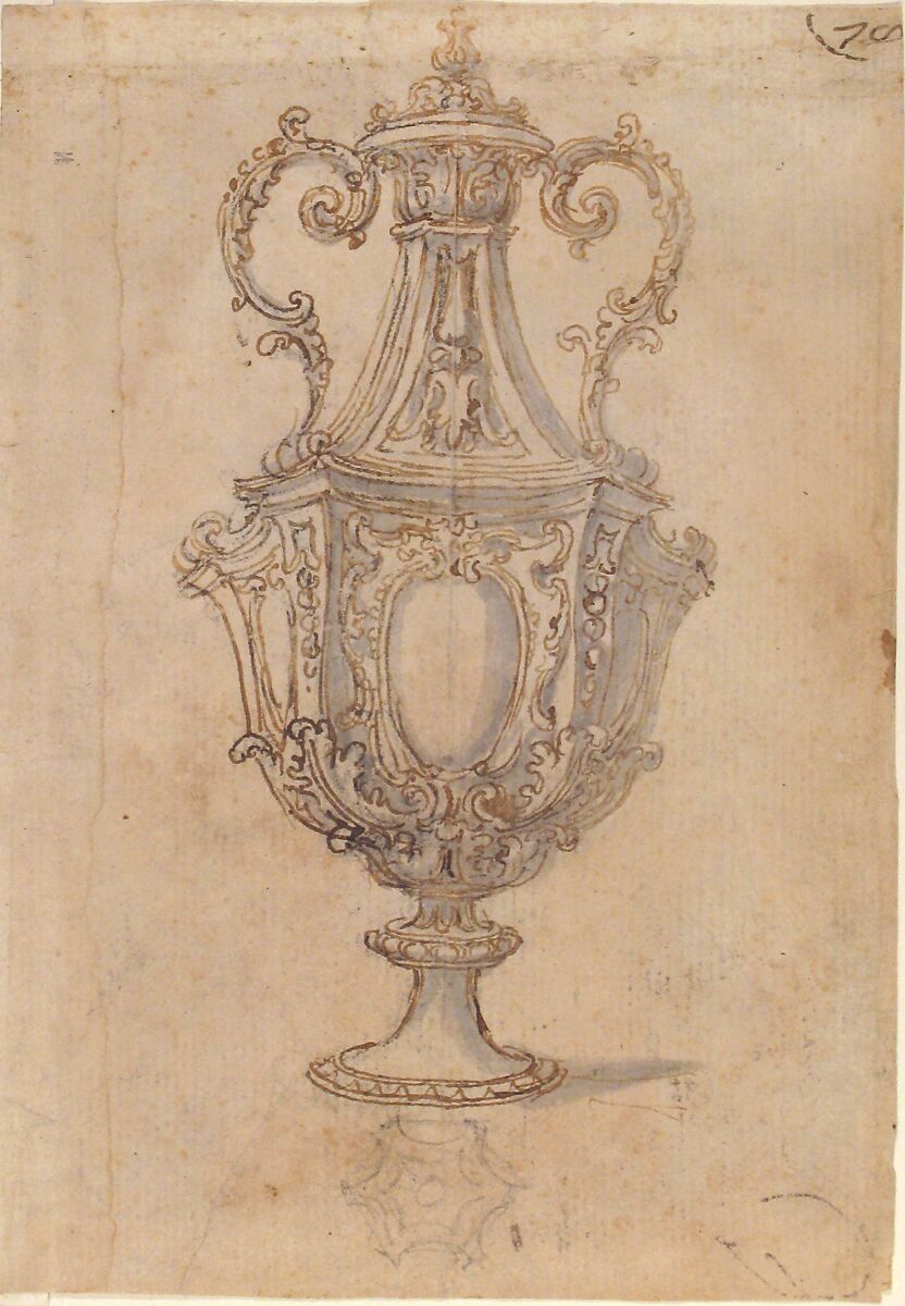 Design for a Vase with a Cross-section of its Neck (recto); Design for a Vase with studies of a Muscular Nude Male Figure and figures for a Baptism (verso), Giovanni Battista Foggini (Italian, Florence 1652–1725 Florence), Pen and brown ink, brush and gray wash, over black chalk (recto); pen and brown ink, over leadpoint (verso)