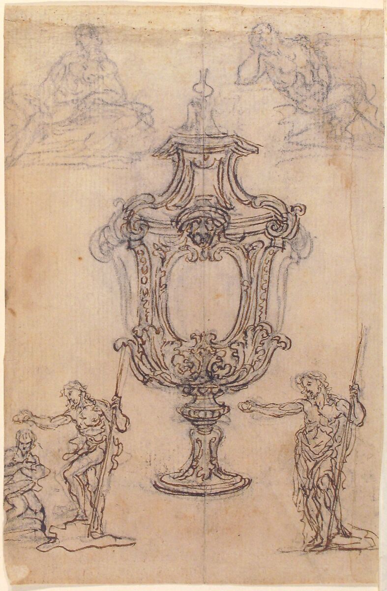 Design for a Vase with a Cross-section of its Neck (recto); Design for a Vase with studies of a Muscular Nude Male Figure and figures for a Baptism (verso), Giovanni Battista Foggini (Italian, Florence 1652–1725 Florence), Pen and brown ink, brush and gray wash, over black chalk (recto); pen and brown ink, over leadpoint (verso)