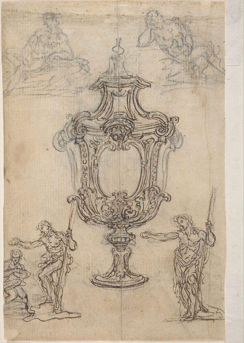 Design for a Vase with a Cross-section of its Neck (recto); Design for a Vase with studies of a Muscular Nude Male Figure and figures for a Baptism (verso), Giovanni Battista Foggini (Italian, Florence 1652–1725 Florence), Pen and brown ink, brush and gray wash, over black chalk (recto); pen and brown ink, over leadpoint (verso)