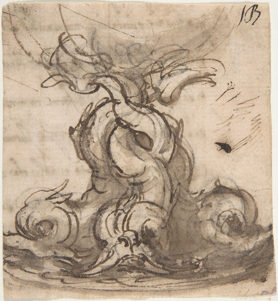 Design for the Base of a Vessel with Three Dolphins, Giovanni Battista Foggini (Italian, Florence 1652–1725 Florence), Pen and brown ink, brush and brown wash, over traces of black chalk 