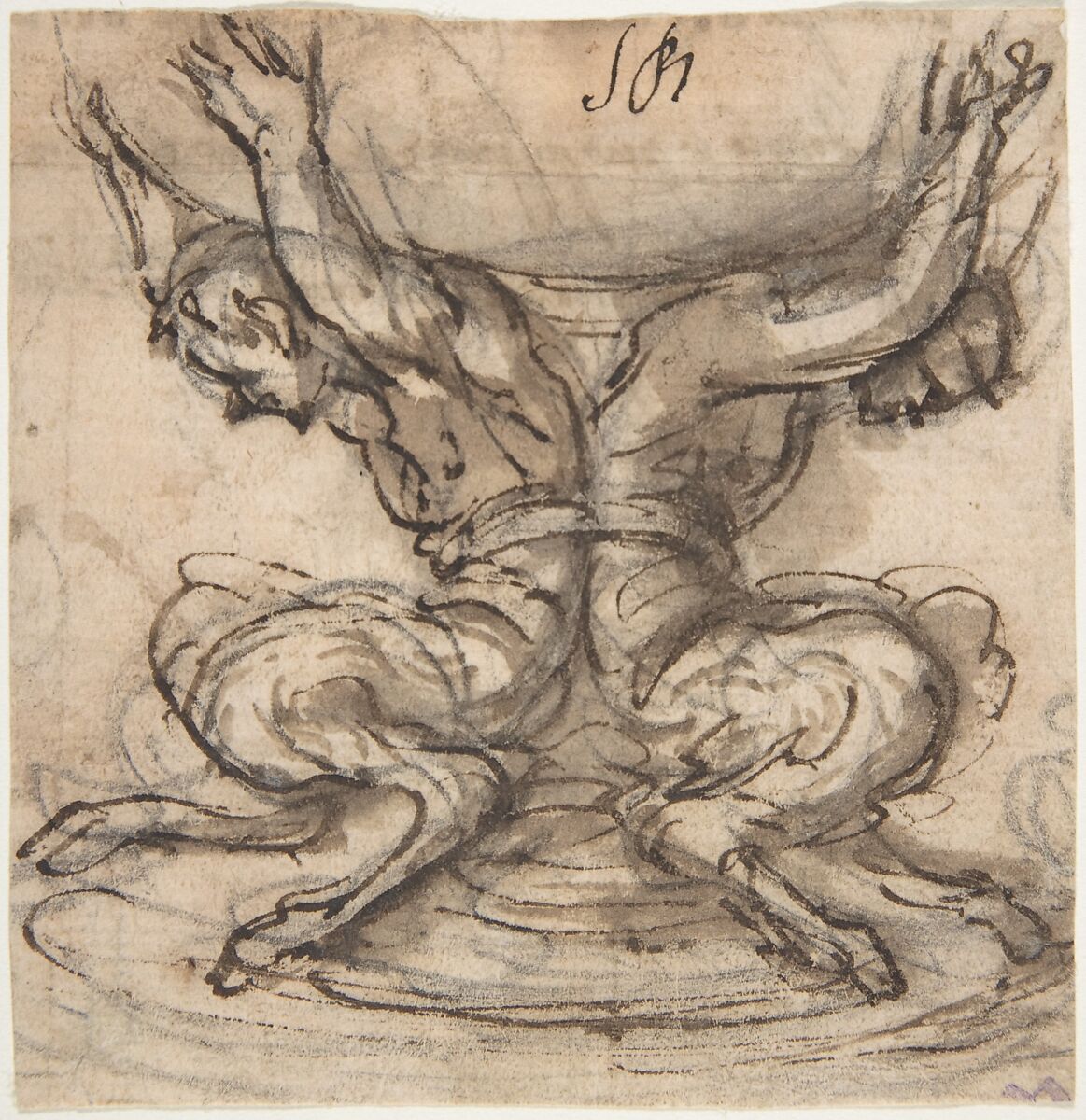 Design for the Base of a Vessel with Two Satyrs., Giovanni Battista Foggini (Italian, Florence 1652–1725 Florence), Pen and brown ink, brush and brown wash, over traces of black chalk 
